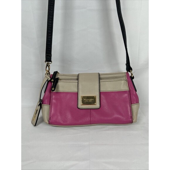Tignanello Handbags - Tignanello Leather Hot Pink Taupe Crossbody Bag Purse Black Strap Barbie Preppy
